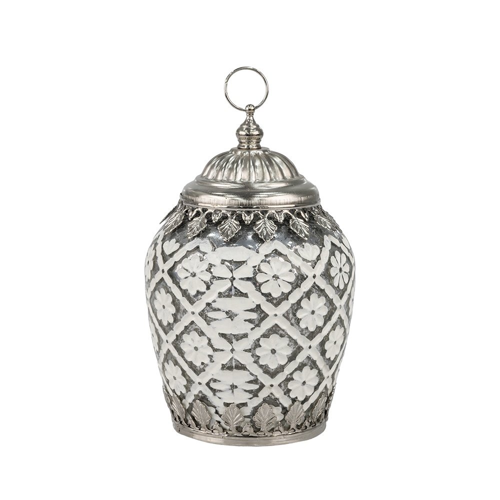 FAROL LED CON FLORES METÁLICO - CRISTAL BLANCO - PLATEADO 10.5X10.5X17CM