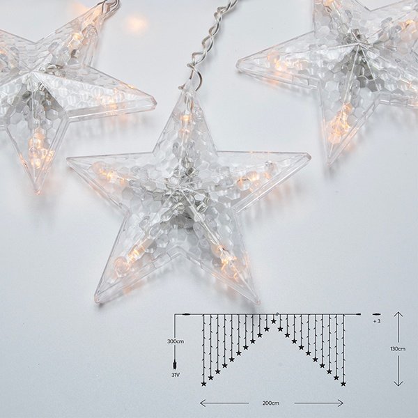 CORTINA, 120 LED 5MM CON ESTRELLAS, 31V ADAPTADOR, 4 CONECTORES HASTA 3 JUEGO, CABLE PVC TRANSPARENTE, LED BLANCO CÁLIDO (H130 X W200CM, 13 LÍNEAS), CABLE DE ALIMENTACIÓN 3M, IP44