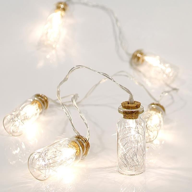 GUIRNALDA LINEAL CON PILAS, 10 LED 5MM, CABLE DE ALIMENTACIÓN 50CM, CÁLIDO BLANCO, BOTELLAS CON HILO DE COBRE INTERIOR, CADA 15CM, IP20