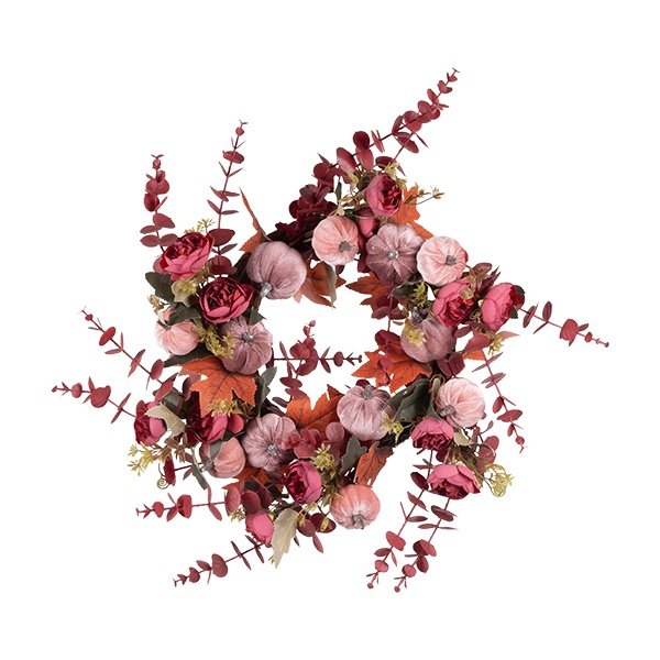 CORONA CON ROSA-MARRÓN TERCIOPELO CALABAZAS Y BURDEOS HOJAS, 21CM