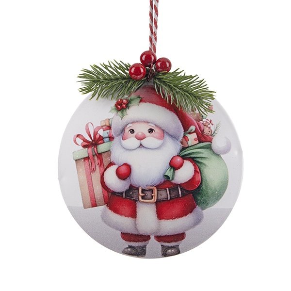COLGANTE METAL ADORNO, BLANCO CON PAPÁ NOEL Y RAMA DE ACEBO, 13X2.5X14.5CM
