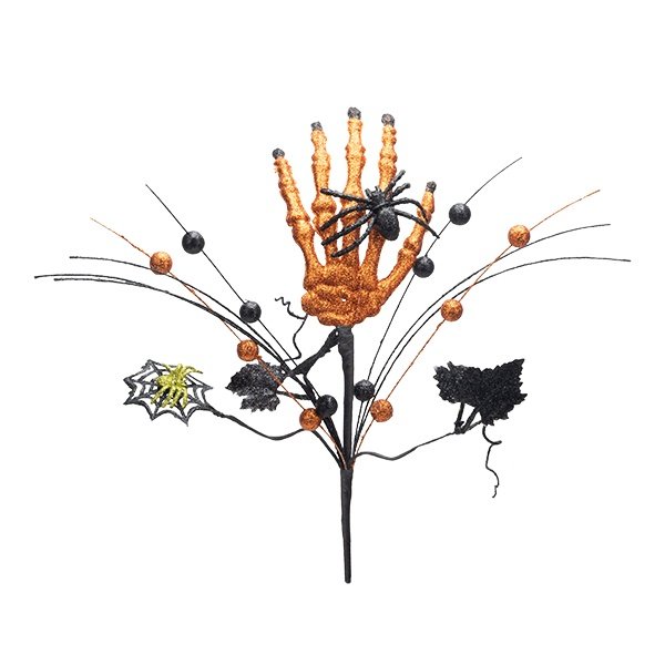 HALLOWEEN RAMA CON NARANJA ESQUELETO MANO Y NEGRO ARAÑA TELARAÑA, 19CM