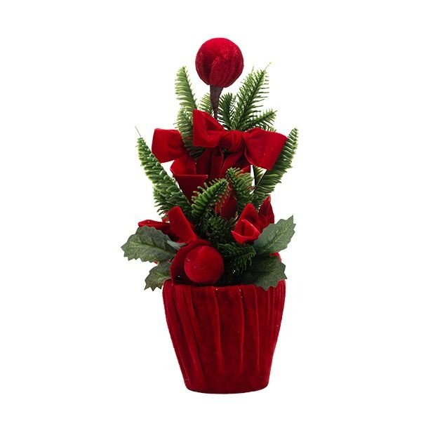 ROJO TERCIOPELO MACETA CON ABETO ÁRBOL DECORADO CON ROJO TERCIOPELO LAZOS Y BOLAS, 35CM