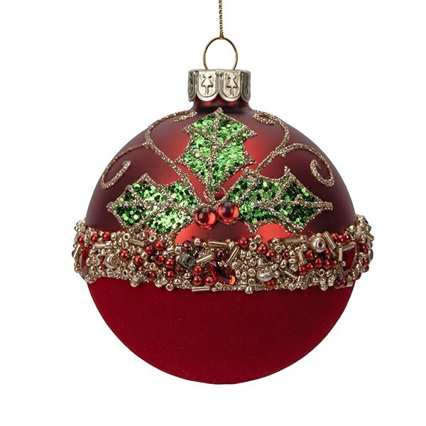CRISTAL BOLA, BURDEOS CON TERCIOPELO INFERIOR, DECORADO CON EN RELIEVE ACEBO Y PIEDRAS PRECIOSAS, JUEGO 4UDS, 8CM