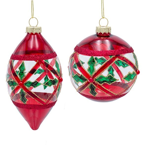 TRANSPARENTE CRISTAL BOLA CON ACEBO HOJAS Y ROJO CUENTA, 2 DISEÑOS, JUEGO 4UDS, 8CM/12CM