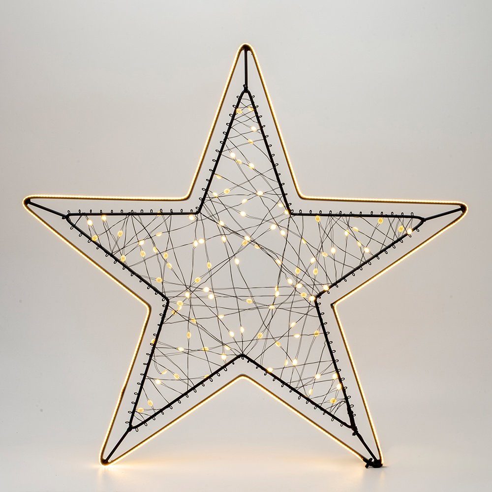 ILUMINADO ESTRELLA 48X45CM, 100 MINI LED, ADAPTADOR, NEGRO ESTRUCTURA METÁLICA, HILO DE COBRE NEGRO, LED BLANCO CÁLIDO, CÁLIDO BLANCO TIRA LED COB 1.7M, CABLE DE ALIMENTACIÓN 3M, IP44