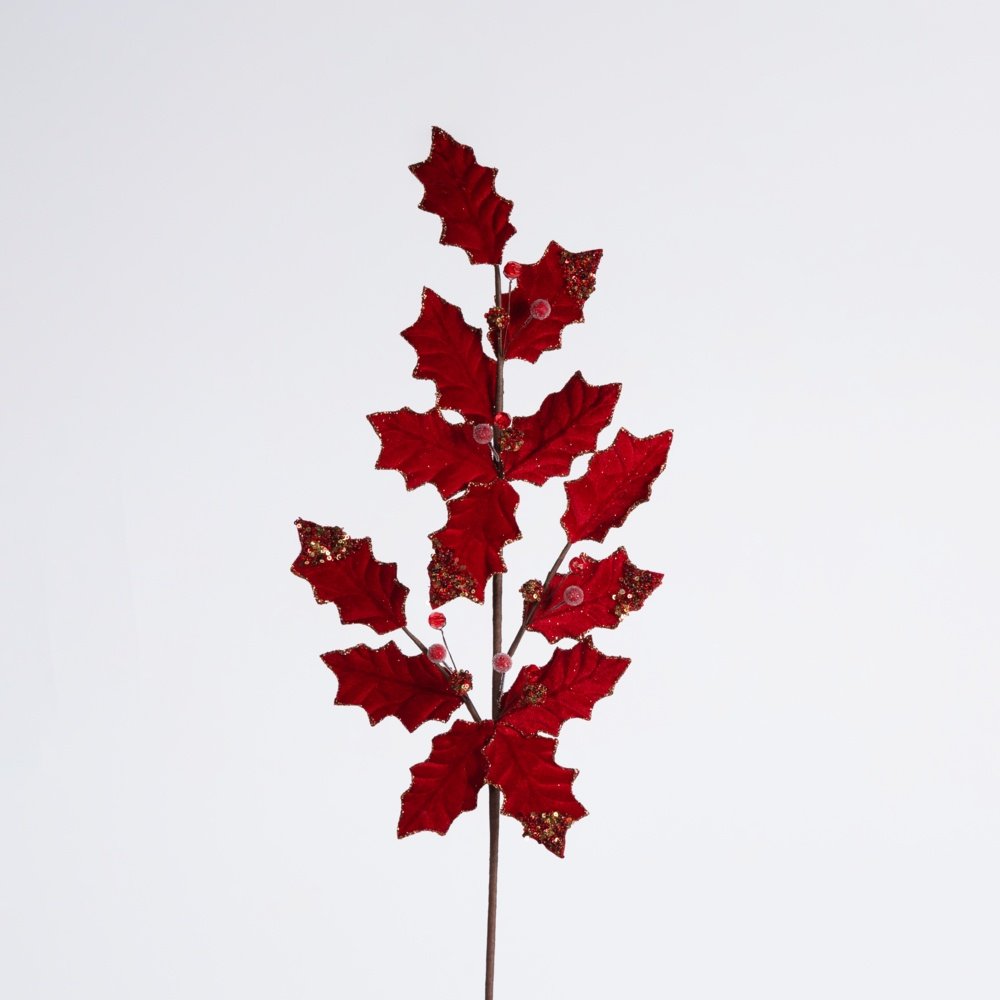 RAMA DE ACEBO, INTENSO ROJO CON DORADO DETALLES, 75CM