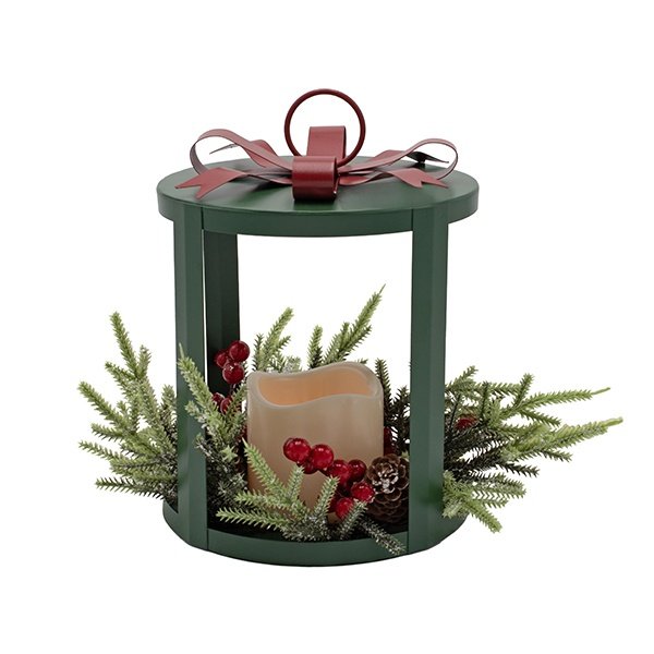 DECORADO FAROL CON BAYAS, OSCURO VERDE, CON PILAS VELA, 17X17X22.5CM