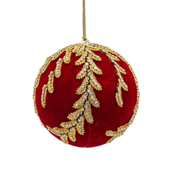 TERCIOPELO BOLA, ROJO, LUJO, CON BORDADO DORADO HOJAS, 10CM