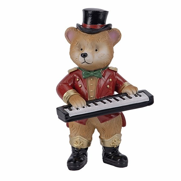 OSO DE PELUCHE CON ARMONIO Y TRAJE BURDEOS, POLIRRESINA, 12X9X23CM