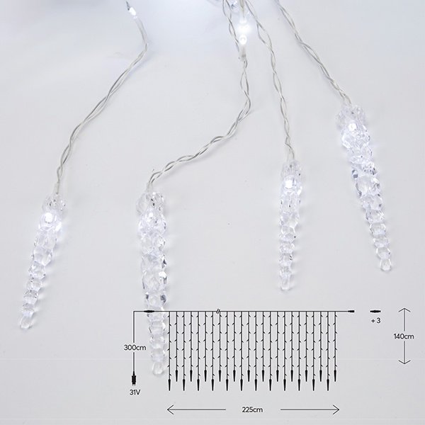 CORTINA, 176 LED 5MM CON HIELO CRISTALES, 31V ADAPTADOR, 4 CONECTORES HASTA 3 JUEGO, CABLE PVC TRANSPARENTE, LED BLANCO (H140 X W225CM, 16 LÍNEAS), CABLE DE ALIMENTACIÓN 3M, IP44