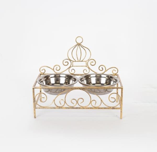 PERRO COMEDERO CON 2 CUENCOS 18CM METAL DORADO-PLATEADO 35X18.5X30CM