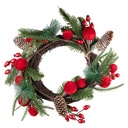 VERDE CORONA CON TERCIOPELO ROJO BOLAS, RAMAS CON ARÁNDANOS ROJOS, Y CUBIERTAS DE NIEVE PIÑAS, 30CM