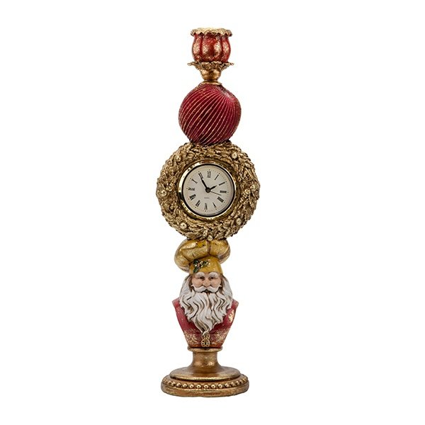 POLIRRESINA PORTAVELAS CON RELOJ Y PAPÁ NOEL, 36.5CM