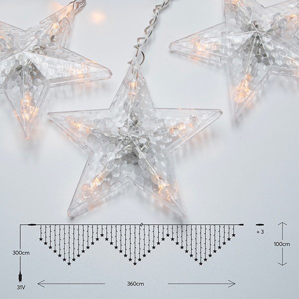 CORTINA, 222 LED 5MM CON ESTRELLAS, 31V ADAPTADOR, 4 CONECTORES HASTA 3 JUEGO, CABLE PVC TRANSPARENTE, LED BLANCO CÁLIDO (H100 X W360CM, 27 LÍNEAS), CABLE DE ALIMENTACIÓN 3M, IP44
