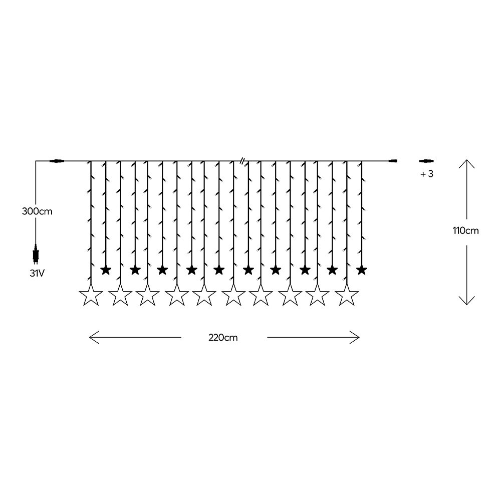 CORTINA, 138 LED 5MM CON ESTRELLAS, 31V ADAPTADOR, 4 CONECTORES HASTA 3 JUEGO, CABLE PVC TRANSPARENTE, LED BLANCO CÁLIDO (H110 X W220CM, 12 LÍNEAS), CABLE DE ALIMENTACIÓN 3M, IP44