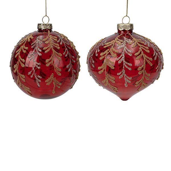 CRISTAL BOLA, TRANSPARENTE ROJO CON DORADO DISEÑOS, 2 FORMAS, JUEGO 4UDS, 10CM