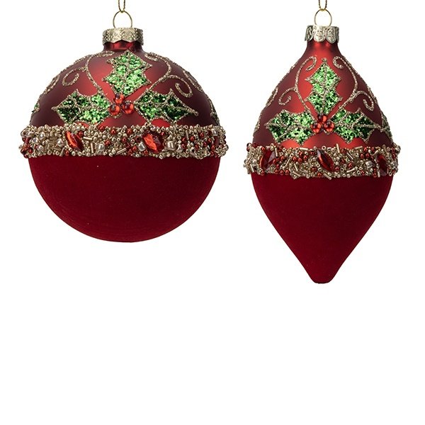 CRISTAL BOLA, BURDEOS CON TERCIOPELO INFERIOR, DECORADO CON EN RELIEVE ACEBO Y PIEDRAS PRECIOSAS, 2 FORMAS, JUEGO 4UDS, 10CM