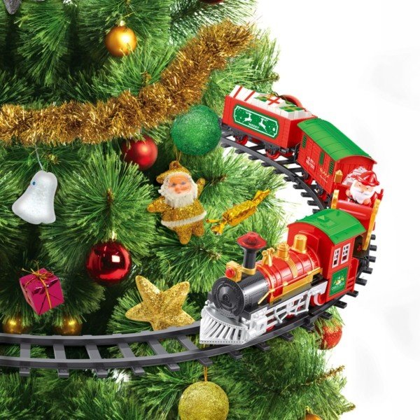 TREN JUEGO CON VÍAS QUE AJUSTE ALREDEDOR EL ÁRBOL, CON MÚSICA Y LUCES, A PILAS, 18UDS, TREN 75CM, VÍA DIÁMETRO: 276CM