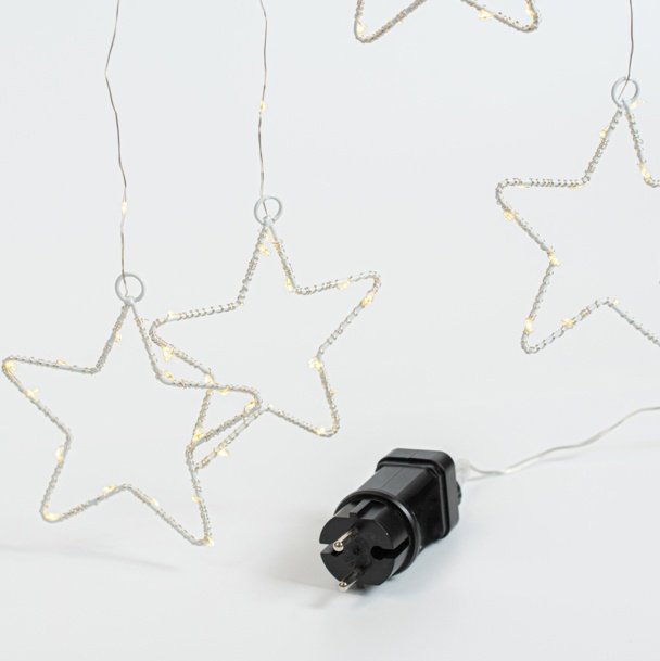 CORTINA DE HIELO, 184 MINI LED, 8 METAL ESTRELLAS 12CM, ADAPTADOR LUZ FIJA, HILO DE COBRE PLATEADO, LED BLANCO CÁLIDO (H155 X W175CM, 20 ΣΕΙΡΕΣ X 12 LED), CABLE DE ALIMENTACIÓN 3M, IP44