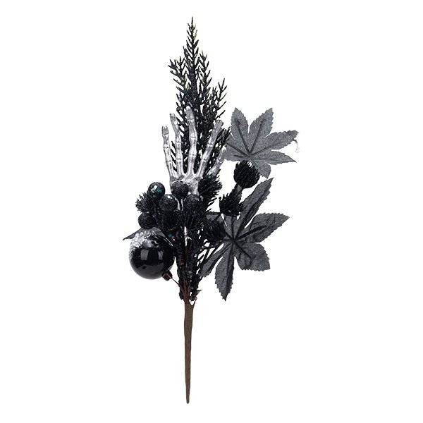 HALLOWEEN PICK DECORATIVO CON NEGRO HOJAS Y ESQUELETO MANO, 39CM