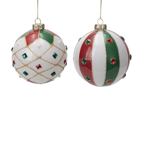 CRISTAL BOLA, BLANCO CON ROJO Y VERDE DIAMANTES, 2 DISEÑOS, JUEGO 4UDS, 10CM