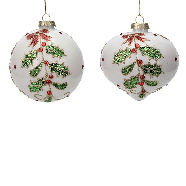 CRISTAL BOLA, BRILLANTE BLANCO CON RAMA DE ACEBO Y ROJO PIEDRAS PRECIOSAS, 2 FORMAS, JUEGO 4UDS, 10CM
