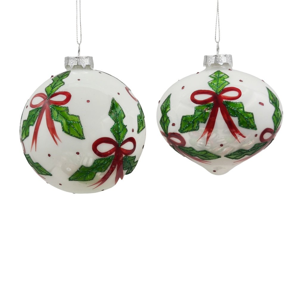 BLANCO CRISTAL BOLA ADORNO CON A ACEBO RAMO Y ROJO LUNARES PUNTOS, 2 DISEÑOS, JUEGO 4UDS, 10CM