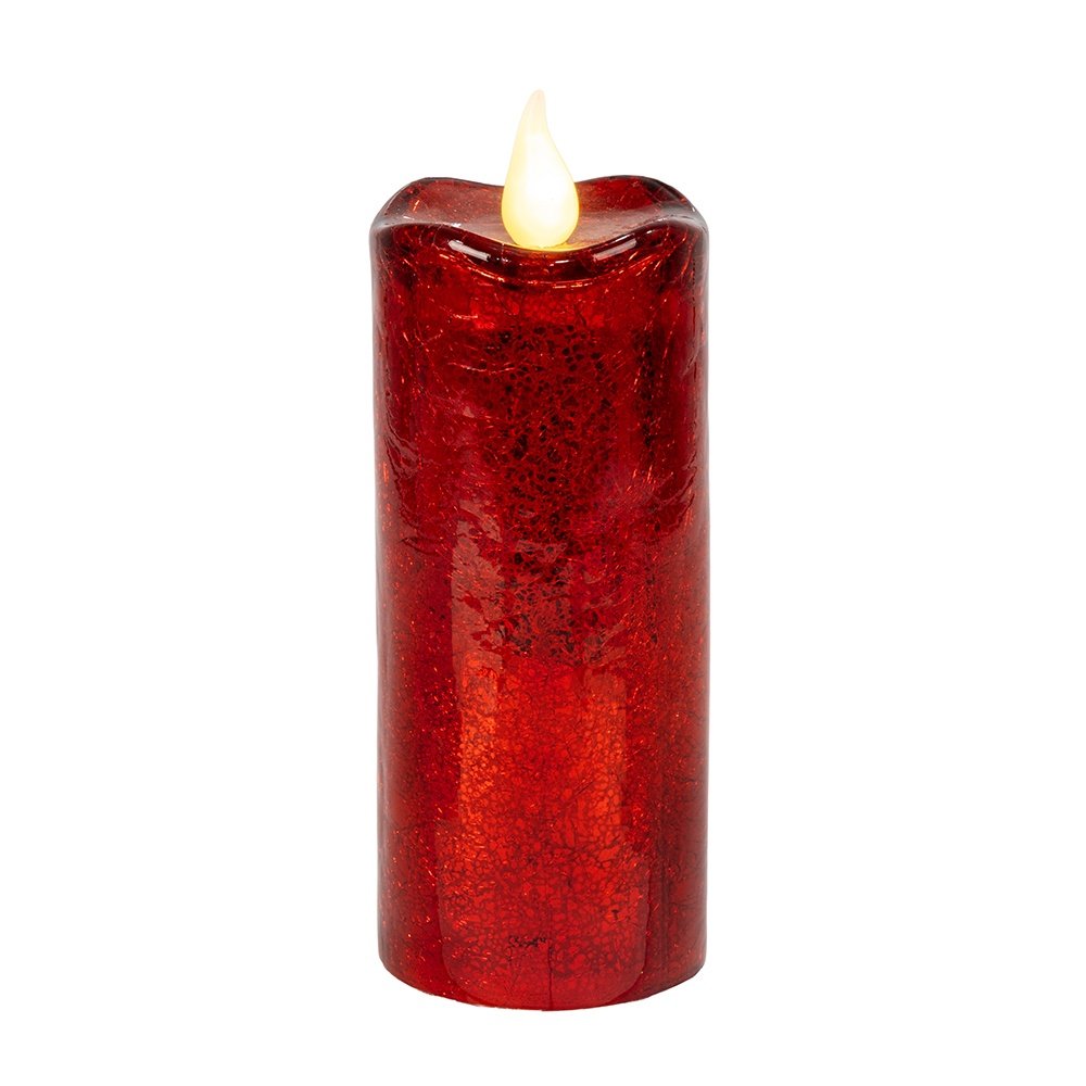 VELA DE CRISTAL, ROJO CRAQUELADO, CON DOS MODOS DE ILUMINACIÓN, 9X21.3CM