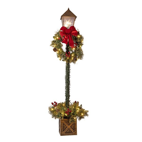 ANTIGUO COLUMNA FAROL DECORADO CON NAVIDAD CORONA Y LAZO ROJO, 70 LED BLANCO CÁLIDO, 150CM