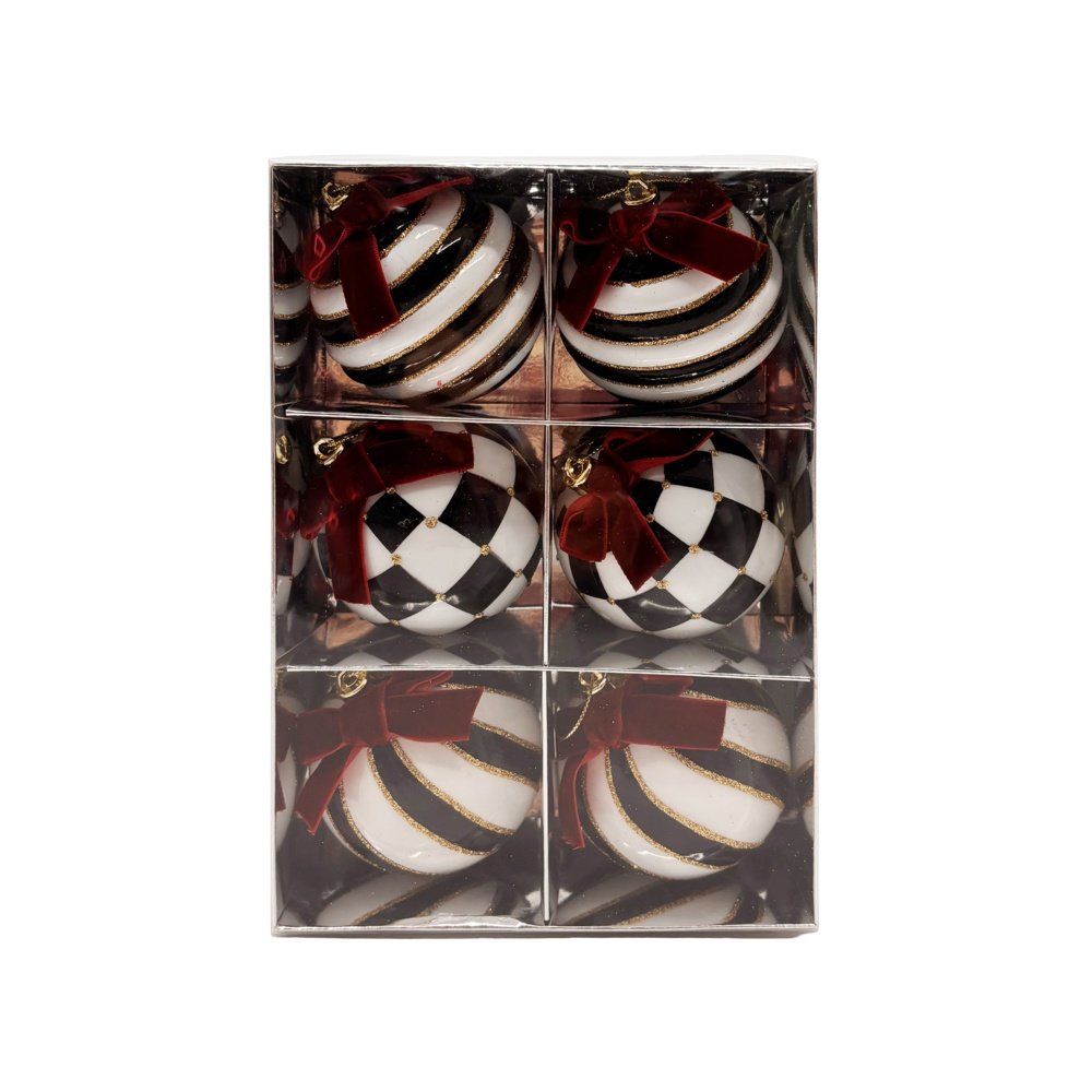NEGRO Y BLANCO PLÁSTICO BOLA CON DORADO DETALLES Y BURDEOS LAZO, 3 DISEÑOS, JUEGO 6UDS, 8CM