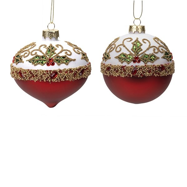 ELEGANTE CRISTAL BOLA, DOS-TONO BLANCO Y BURDEOS, CON IMPRESIONANTE ACEBO DECORACIÓN, 2 FORMAS, JUEGO 4UDS, 10CM
