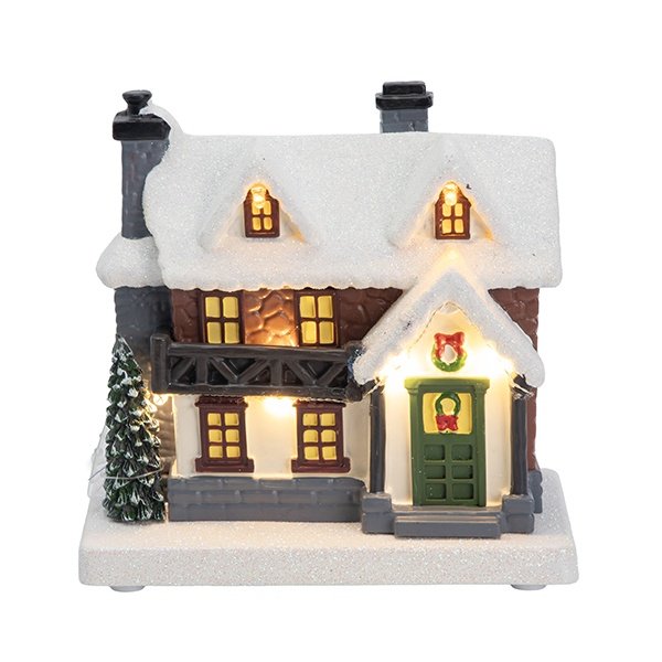 ILUMINADO CASA, CON VERDE PUERTA, A PILAS, 9.5X6.5X10CM