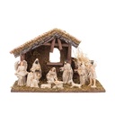 NACIMIENTO ESCENA CON 11 MARFIL FIGURAS Y MADERA ESTABLO, 35X15X24CM