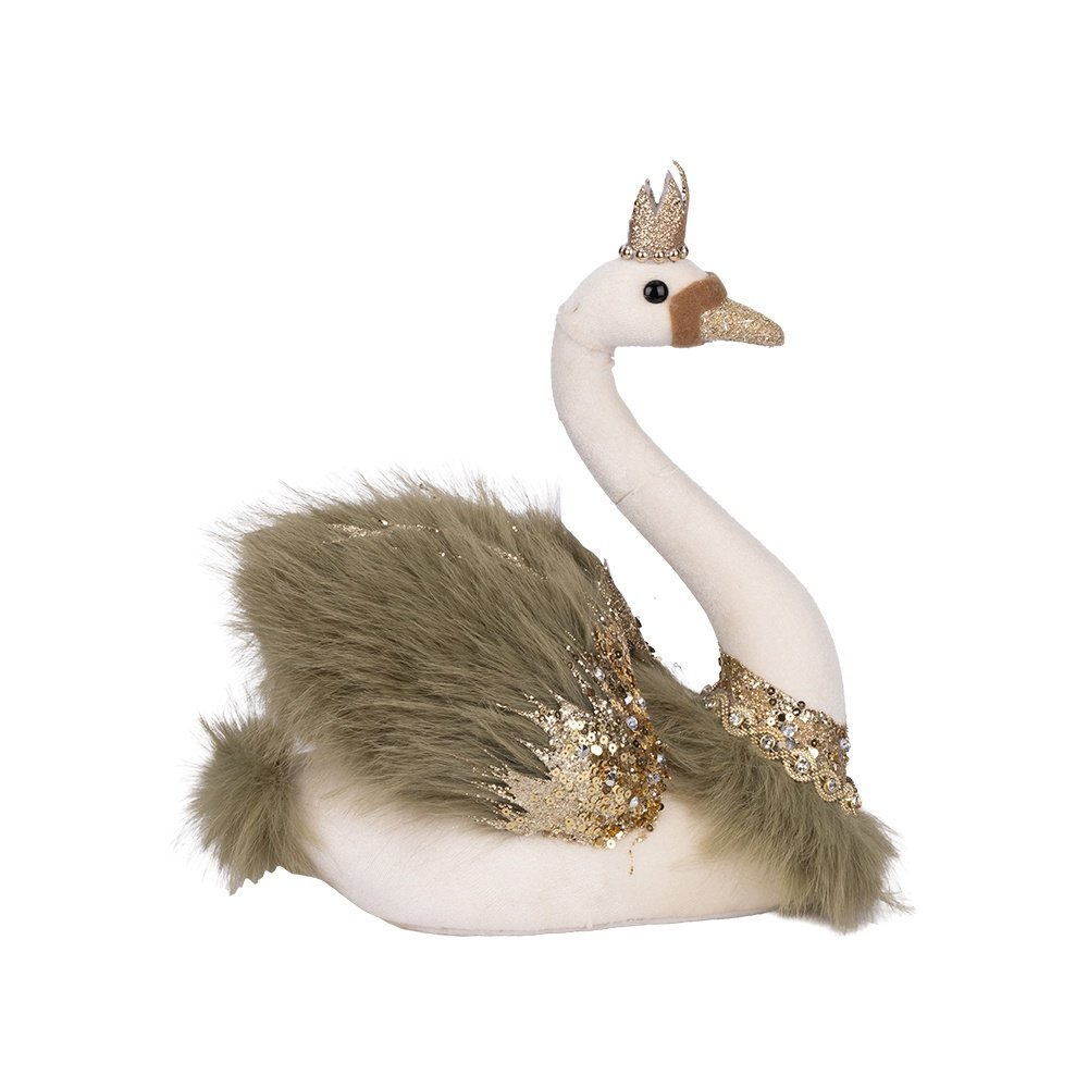TERCIOPELO CREMA CISNE CON OLIVA PLUMOSO ALAS Y DORADO CORONA, 23X16X28CM