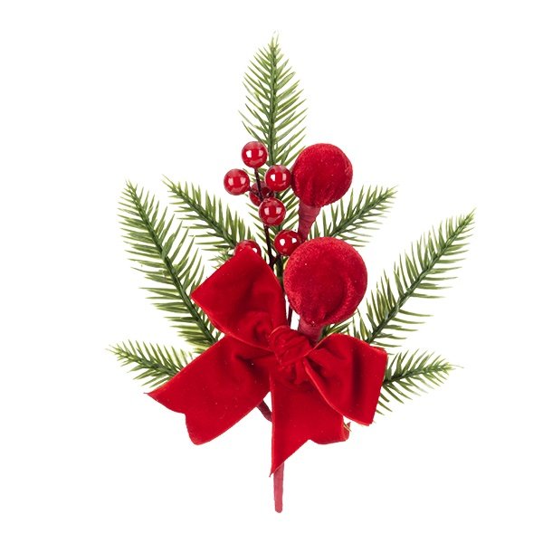RAMA CON TERCIOPELO POMPÓN-POMPONES, LAZO, Y RAMA DE ABETO, ROJO, 32CM