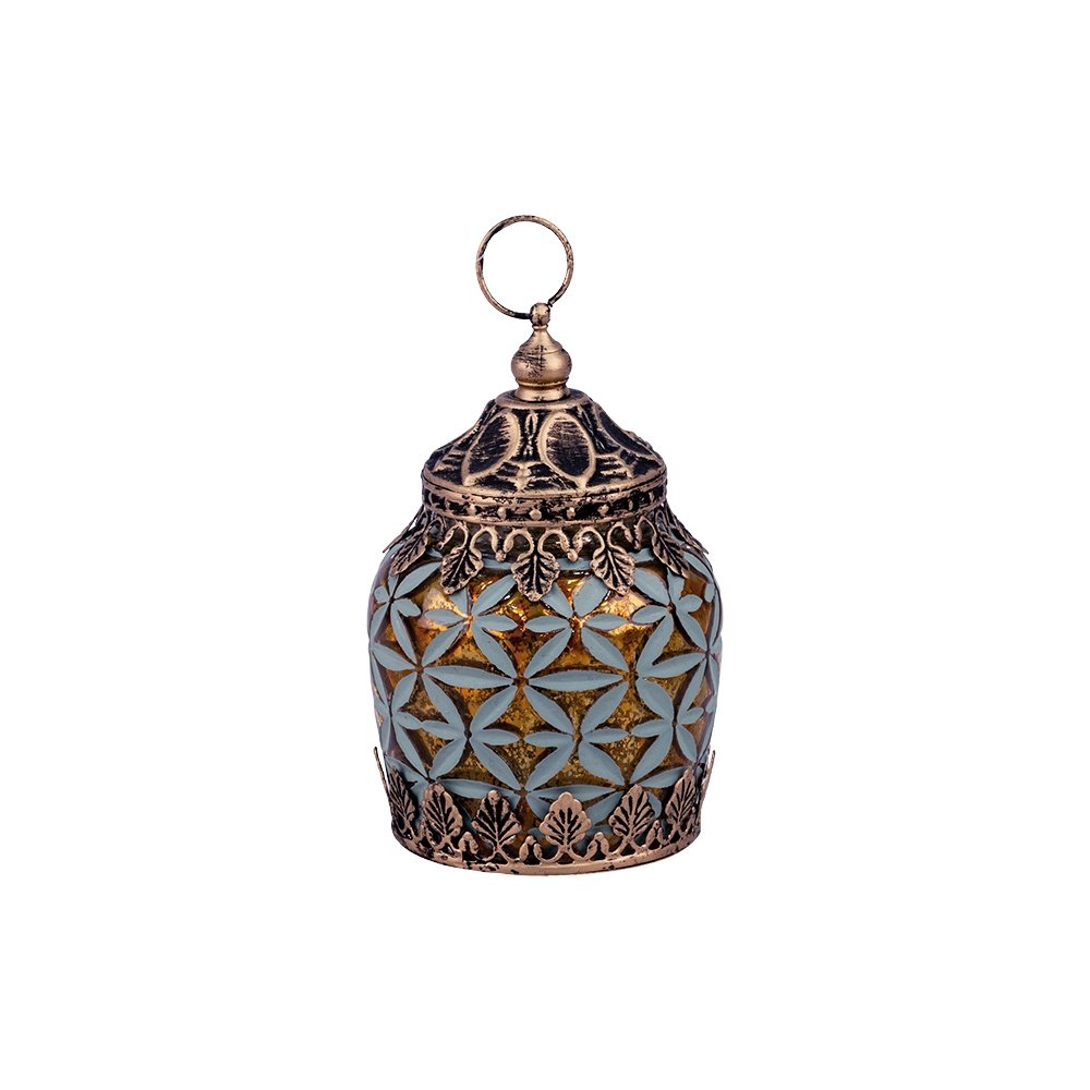 FAROL LED METÁLICO - CRISTAL DORADO - NEGRO - CLARO AZUL 8X8X13CM