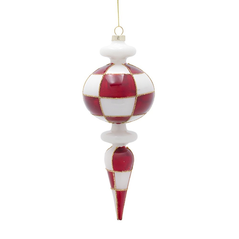 CRISTAL ADORNO CON DAMERO PATRÓN EN BLANCO Y ROJO, JUEGO 2UDS, 20CM