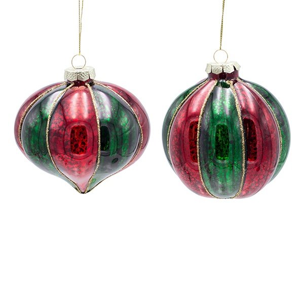 CRISTAL BOLA CON ROJO Y CIPRÉS-VERDE RAYAS, 2 DISEÑOS, JUEGO 4UDS, 10CM