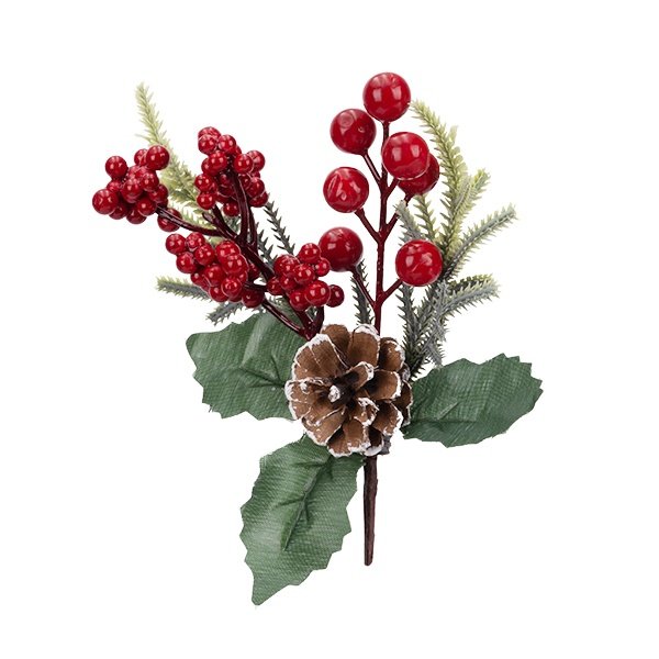 PICK DECORATIVO CON PEQUEÑO Y GRANDE BAYAS Y NEVADO PIÑA, 25CM