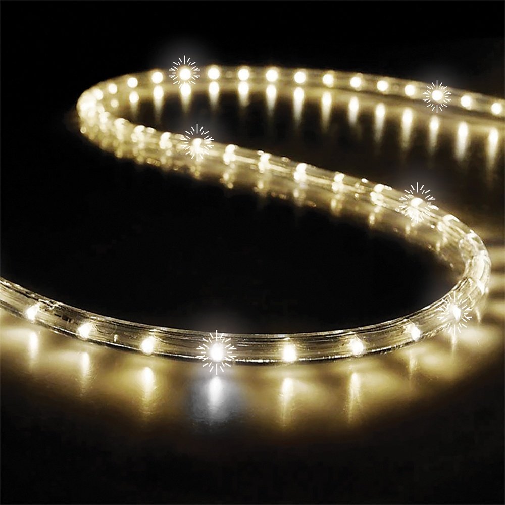 MANGUERA LUMINOSA, LED, 2-CAMINO, CÁLIDO BLANCO 50M, 30 LED BLANCO CÁLIDO & 6 LED BLANCO CÁLIDO INTERMITENTE POR METRO, CON UV PROTECCIÓN, CORTE CADA 1M, IP65
