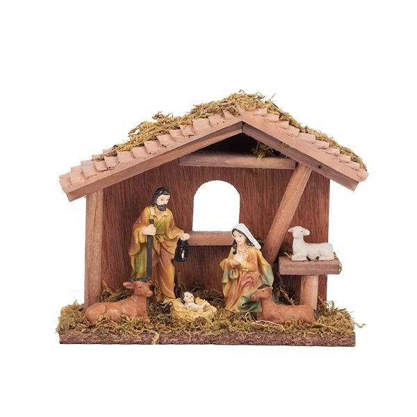 NACIMIENTO ESCENA PEQUEÑO CON 6 FIGURAS EN TIERRA TONOS, 20X8X16.5CM
