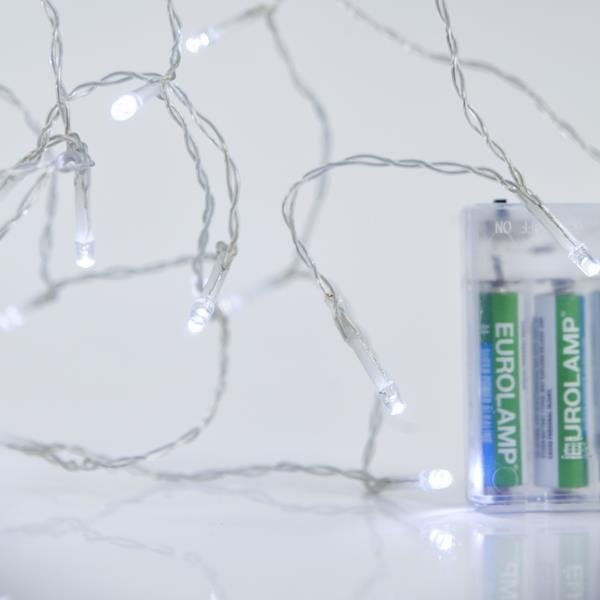 GUIRNALDA LINEAL, 20 LED 5MM, CAJA DE PILAS 3XAA, TEMPORIZADOR, CABLE PVC TRANSPARENTE, LED BLANCO CADA 10CM, CABLE DE ALIMENTACIÓN 50CM, IP20