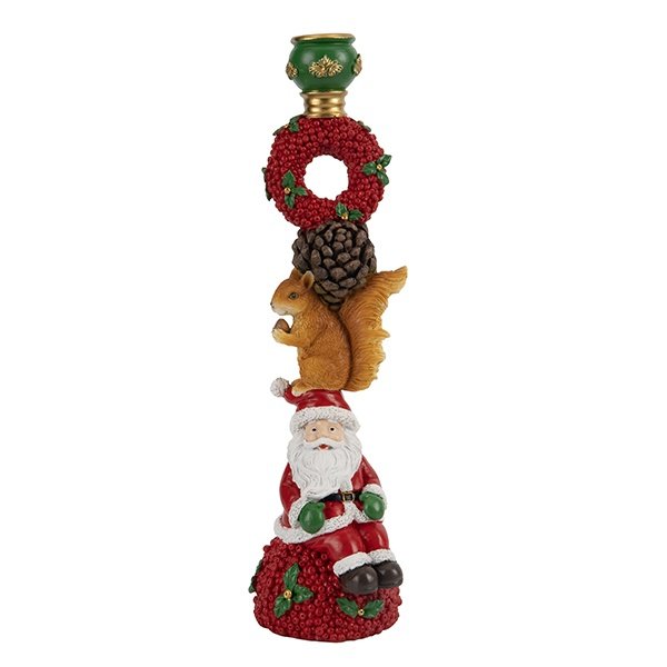 PORTAVELAS CON PAPÁ NOEL Y ARDILLA, POLIRRESINA, 37.5CM