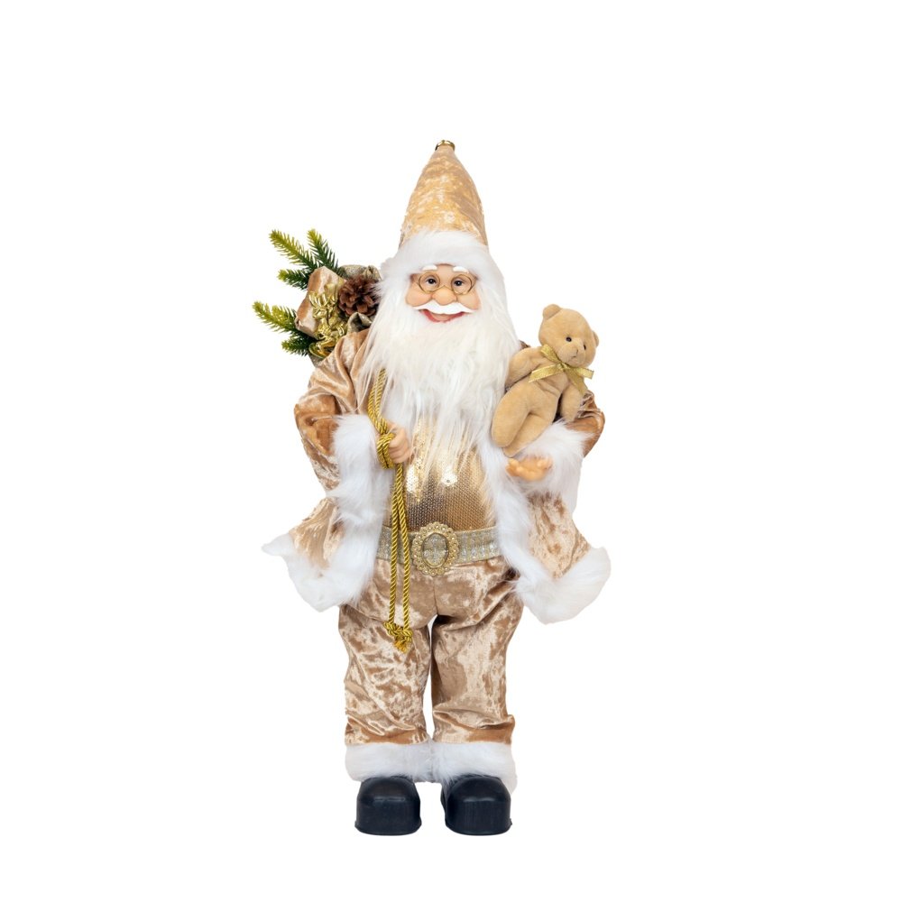 PAPÁ NOEL CON CHAMPÁN, ROPA, Y A OSO DE PELUCHE, 30CM
