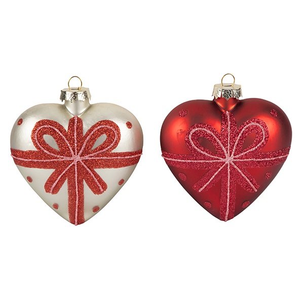CRISTAL ADORNO CORAZÓN, ROJO Y PLATEADO CON ROJO ROSA LAZO, 2 DISEÑOS, 8X5CM