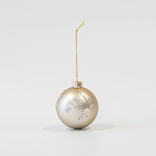 [600-45850] BOLA DE CRISTAL CHAMPÁN CON FLORES BLANCAS, SET 4UNDS, 10cm