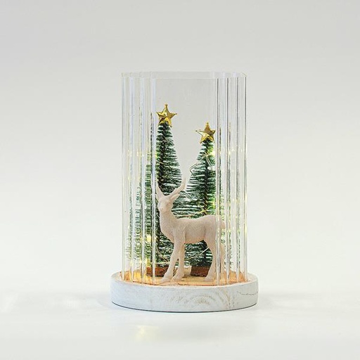 [600-45844] DECORATIVO DE CRISTAL ILUMINADO, CON CIERVOS Y ÁRBOLES EN EL INTERIOR, 11,5x11,5x18,5cm