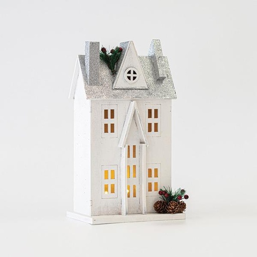 [600-45819] CASA DE MADERA ILUMINADA, BLANCO-GRIS, 3 LED 5mm, CAJA DE PILAS 2AA, BLANCO CÁLIDO, 17x11x31cm, IP20