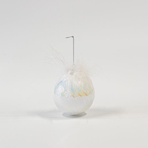 [600-45787] BOLA DE CRISTAL, BLANCO IRIDISCENTE, CON PLUMAS, SET 4UNDS, 10cm